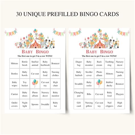 30 Printable Prefilled Baby Shower Bingo Cards Circus Baby Etsy