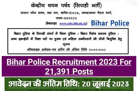 Bihar Police Constable Recruitment 2023 For 21391 Posts Apply Till 20