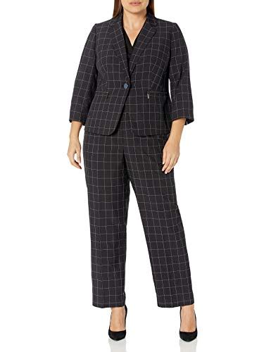 Le Suit Womens Plus Size 1 Button Notch Collar Windowpane Pant Suit