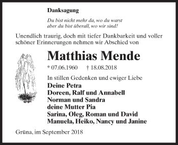 Traueranzeigen Von Matthias Mende Trauer Anzeigen De