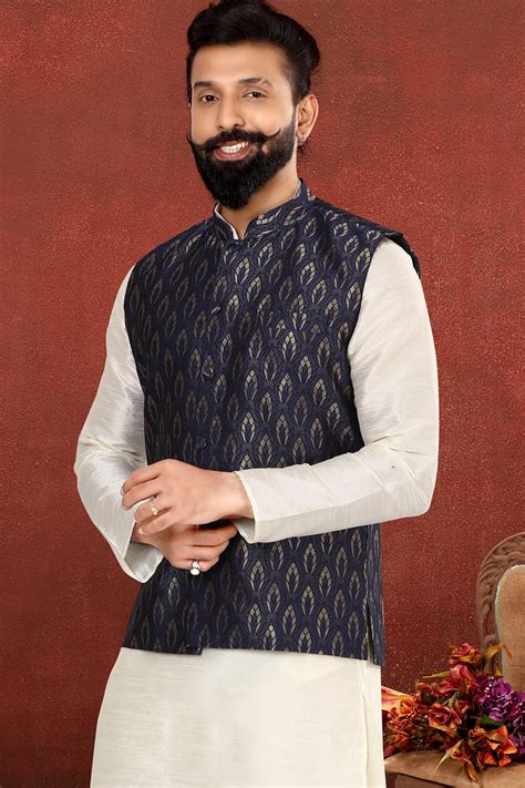 Woven Jacquard Silk Nehru Jacket In Navy Blue Ucchal Fashion