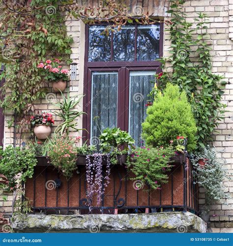 Old Balcony Overgrown With Flowers Stock Image Image Of Detail