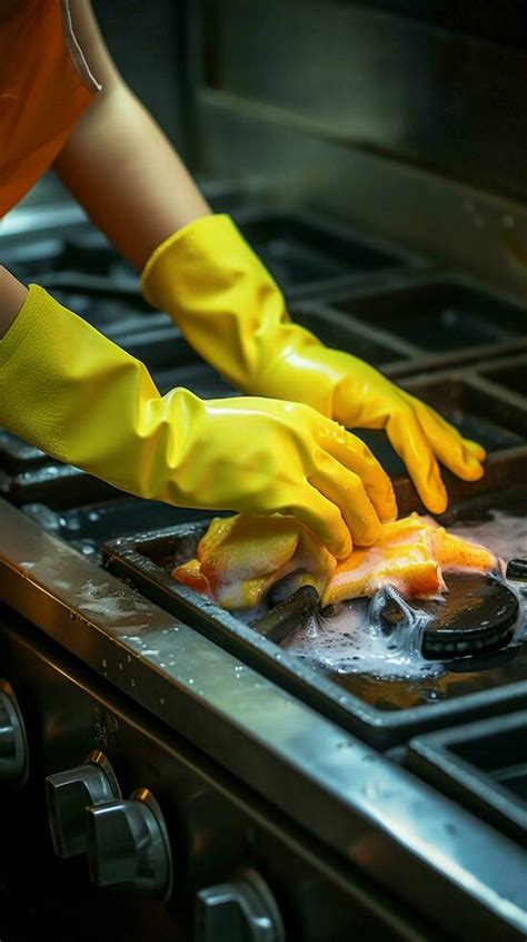 Closeup Top View Womans Gloved Hand Cleans Dirty Stove Post Cooking