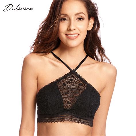 Womens Underwired Lightly Padded High Neck Halter Lace Bralette In