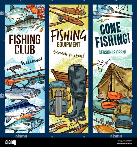 Fishing Club Sketch Banners Templates For Fisherman Sport Vector