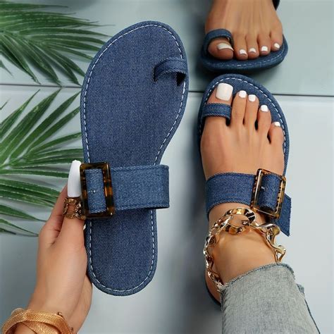 Temuwomen S Buckle Strap Slide Sandals Casual Loop Toe Beach Shoes