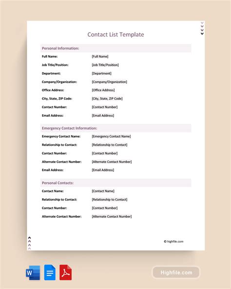 Contact List Template - Word | PDF | Google Docs - Highfile