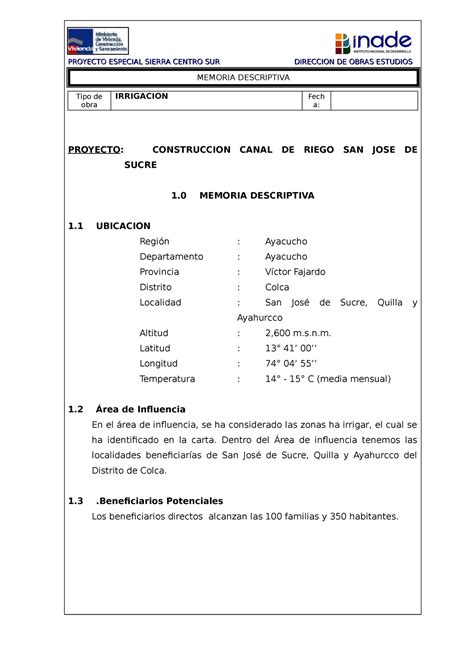 Memoria Descriptiva Proyectos De Inversion Para Documentacion