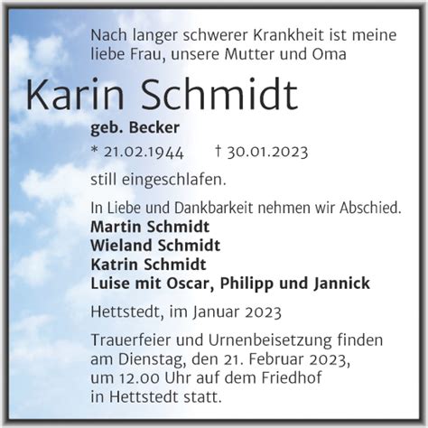 Traueranzeigen Von Karin Schmidt Abschied Nehmen De