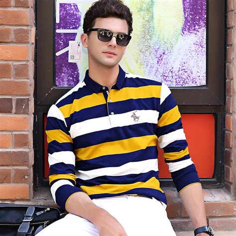 Mens Polo Shirt Long Sleeve Fashion Men Striped Polo Shirts Cotton Slim Fit Polos Top Casual