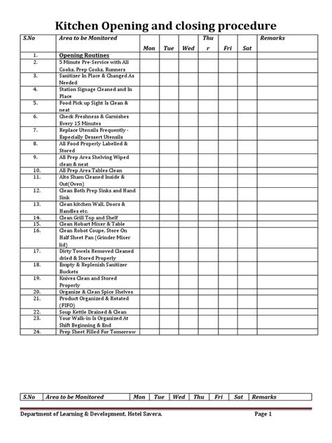 Kitchen Opening And Closing Checklist Pdf Kitchen Utensil Kitchen