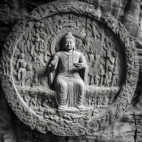 Imagen En Blanco Y Negro De La Estatua De Buda En La Cueva Foto Premium