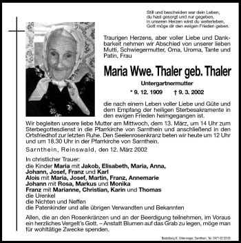 Traueranzeigen Von Maria Thaler Trauer Bz