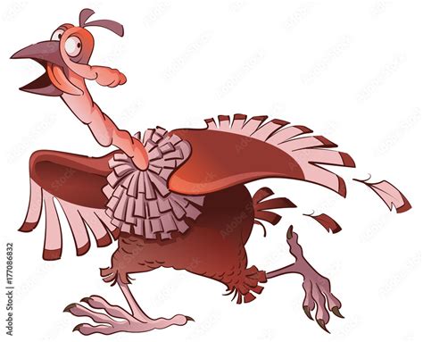 Cartoon Turkey Bird Runs Away In Fear Symbol Of Thanksgiving Day Stock