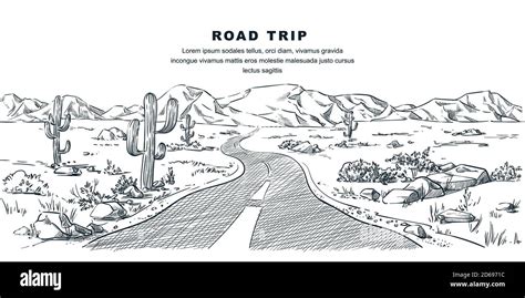 Desert and mountains road landscape. Vector vintage sketch illustration ...