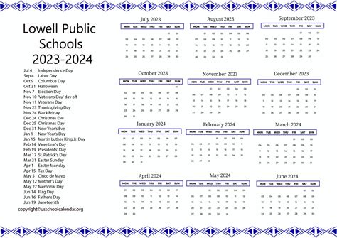 Lowell Public Schools Calendar with Holidays 2023-2024