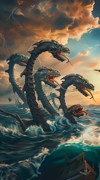 Premium Photo Five Head Sea Monster Fantasy 3d Illustration Digital