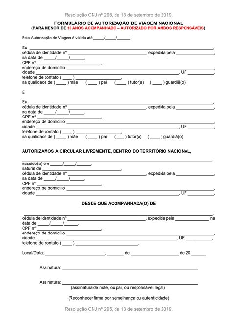 Declara FormulÁrio De AutorizaÇÃo De Viagem Nacional Para Menor De 16