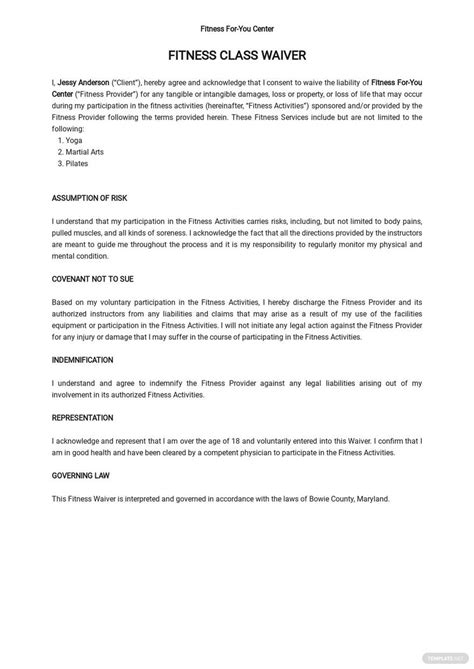 Fitness Class Waiver Template Google Docs Word Template Net