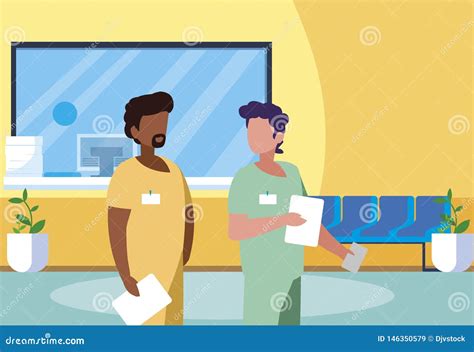 Interracial Male Medicine Workers In Clinic Reception Stock Illustration Illustration Of Team