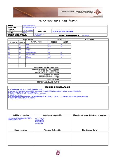 Ficha PARA Receta Estandar FICHA PARA RECETA ESTÁNDAR MATERIA