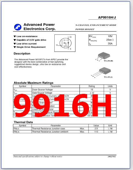 9916H PDF Datasheet 18V 35A N Ch Power MOSFET