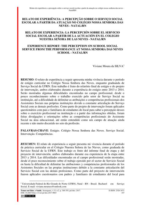 Pdf Relato De Experi Ncia A Percep O Sobre O Servi O Social Escolar