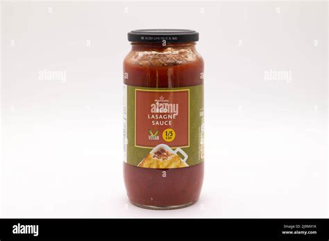 Irvine Scotland Uk May 18 2022 Morrisons Branded Red Lasagne Sauce In A Glass Jar Metal