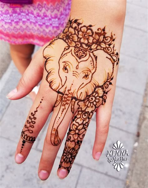 Elephant Henna Design With Flowers And Trunk Ring Henna Artist