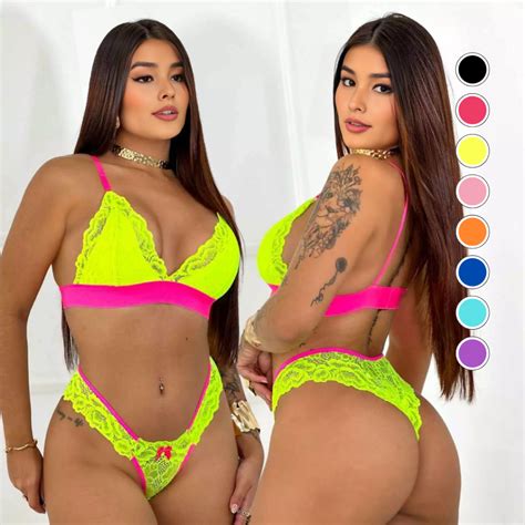 Conjunto Lingerie Renda Bicolor Sensual Neon Moda Conforto Sexy