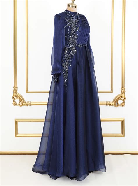 Navy Blue Fully Lined Crew Neck Modest Evening Dress