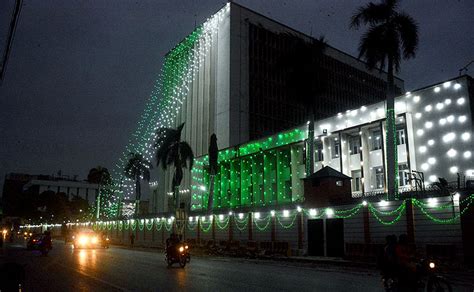 The State Bank of Pakistan (SBP) building is beautifully illuminated with lights on the occasion ...