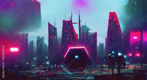 Dark Cyberpunk Futuristic Abstract Cityscape With Glowing Neon Lights