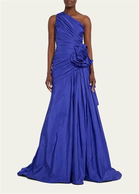 Pamella Roland Pleated One Shoulder Taffeta Gown With Floral Detail