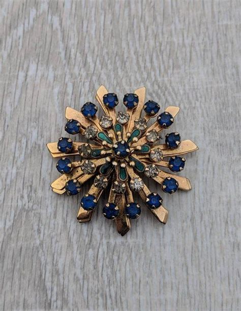 Gold Tone Blue And Clear Rhinestone And Teal Enamel Sunburst Etsy