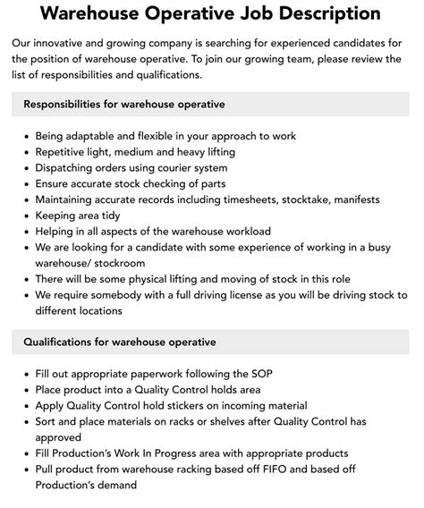 Warehouse Operative Job Description Velvet Jobs