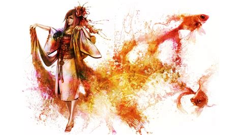 Wallpaper Long Hair Kimono Japanese Clothes Fish Women Anime