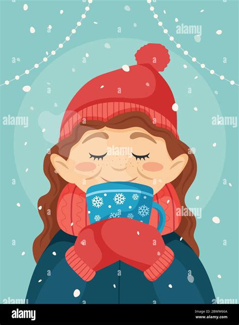 Girl holding a cup of hot chocolate, cute winter vector illustration in ...