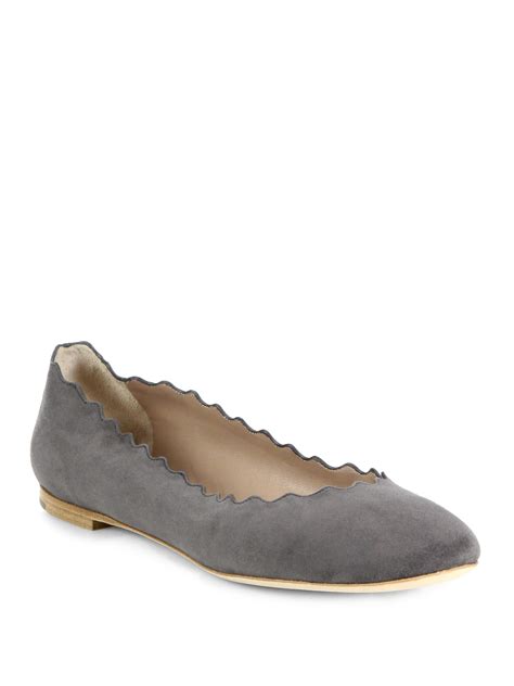 Chloé Scalloped Suede Ballet Flats In Grey Gray Lyst