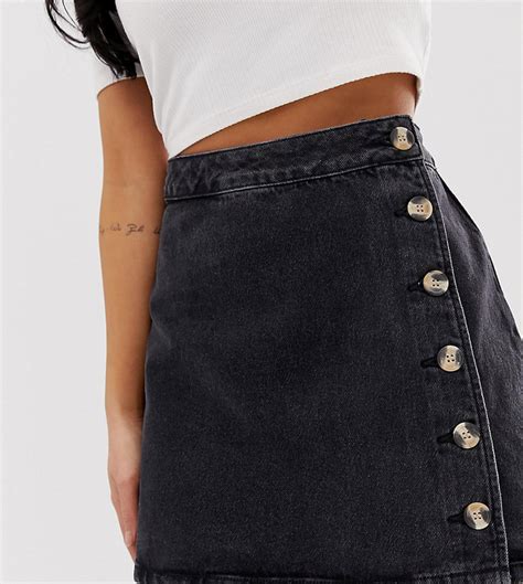 Asos Design Petite Denim Wrap Skirt With Buttons In Recycled Washed