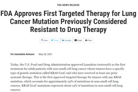 里程碑 KRAS G12C首款靶向药LumakrasSotorasibAMG510获FDA上市批准 新闻中心 求臻医学