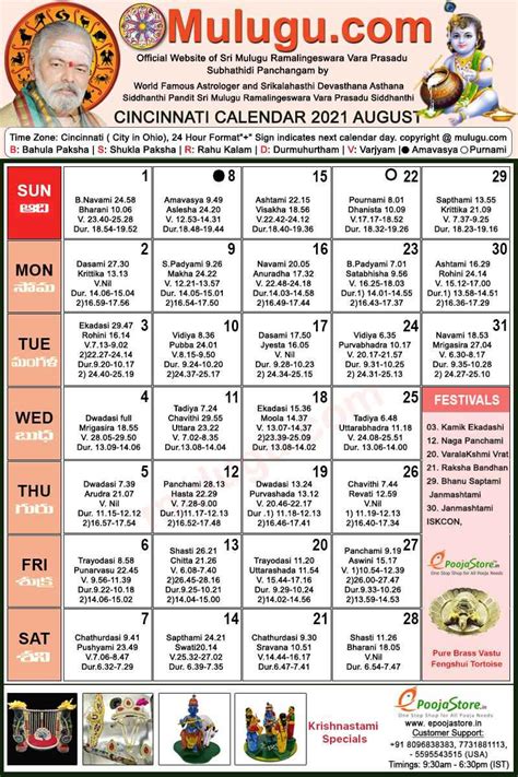 Cincinnati Telugu Calendar August Mulugu Calendars Telugu