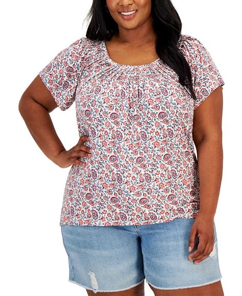 Style And Co Plus Size Printed Pleat Neck Top Created For Macys Macys