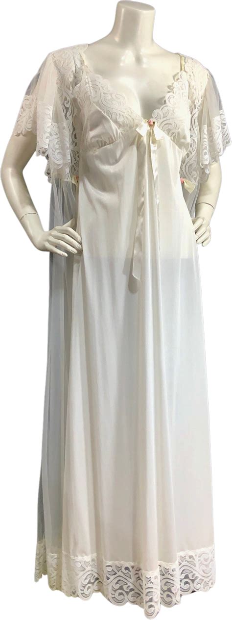 Vintage 70s Nightgown Robe Peignoir Set White Nylon Sheer By Tosca