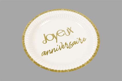 Assiette Joyeux Anniversaire Blanc et Or Lot de 6 Décorations