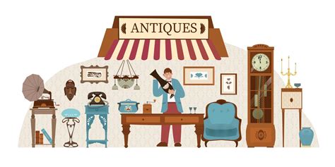 Antiquity Store Flat Composition 21920982 Vector Art at Vecteezy