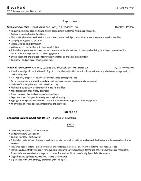 Medical Secretary Resume Samples Velvet Jobs