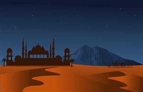 Night Arabic Desert Camel Caravan Muslim Islamic Culture Illustration