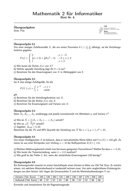 Übungsblatt 6 Übungsaufgabe 6 Mathematik 2 für Informatiker Blatt