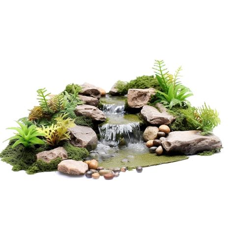 Ca Da De Agua Musgo Verde Con Rocas Decorativas Ramas Y Hierba Aisladas